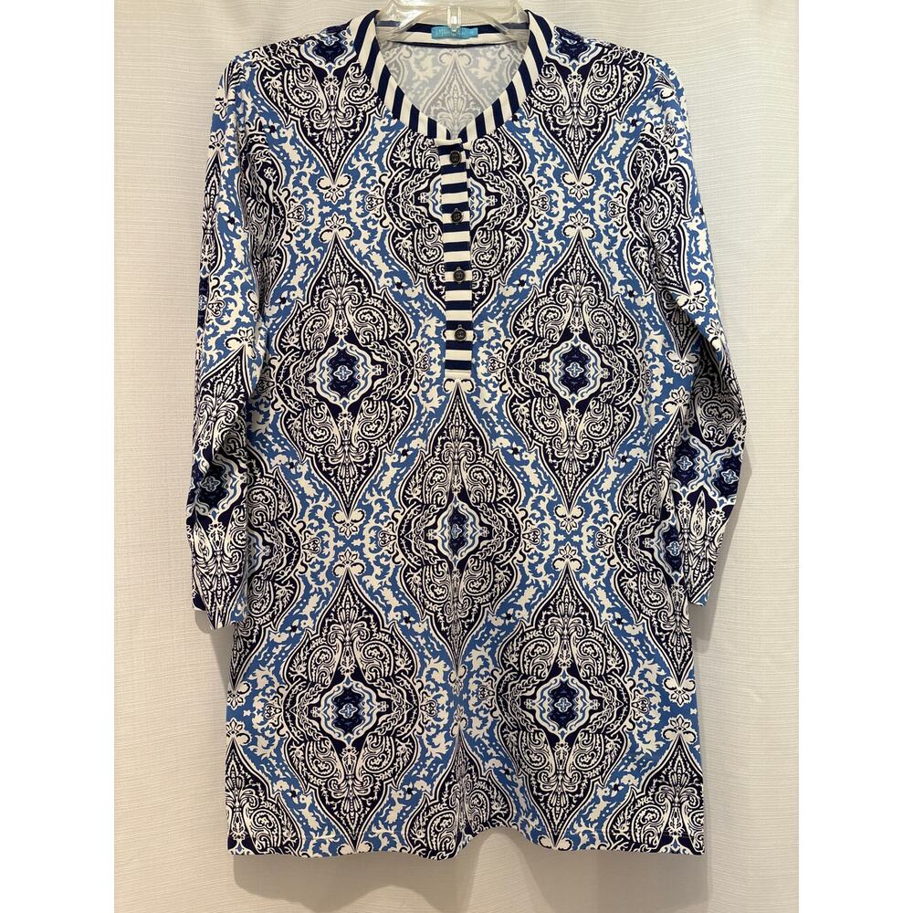 J. McLAUGHLIN Catalina Cloth Biscayne Tunic Damask White Navy M